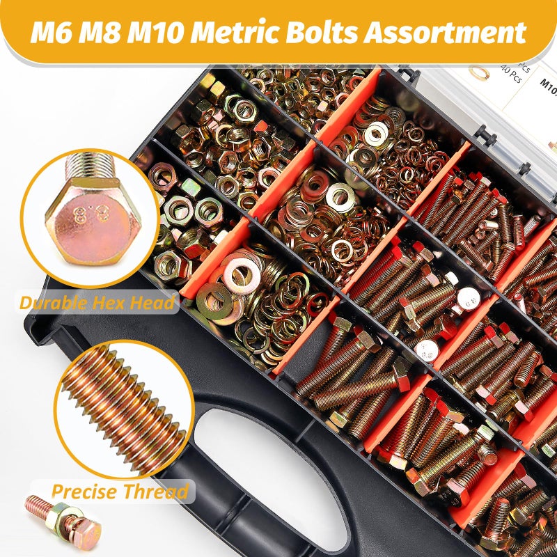 Kadrick 820Pcs Grade 8.8 Metric Bolt Assortment, M6 M8 M10 Hex Heavy Duty Bolts and Nuts Kit,M6 x1.0 M8 x1.25 M10-1.5 (12mm to 45mm),Yellow Zinc Plated - Image 4